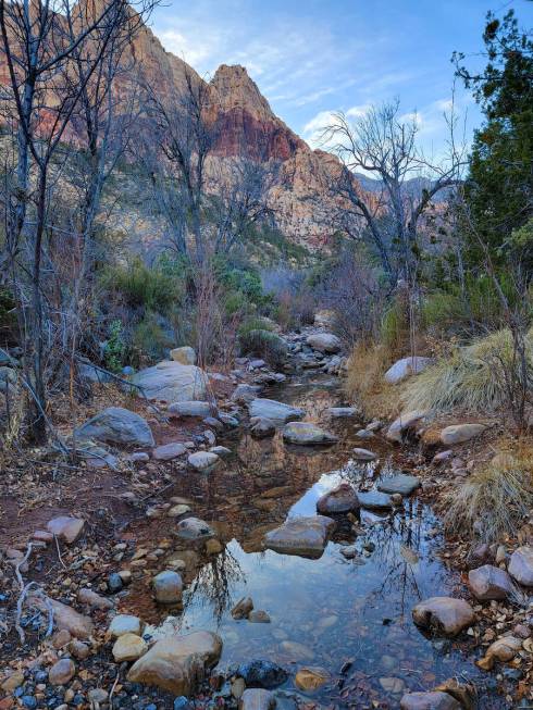 A winter landscape reflected in a pool near the end of the moderately challenging 2.4-mile Sout ...