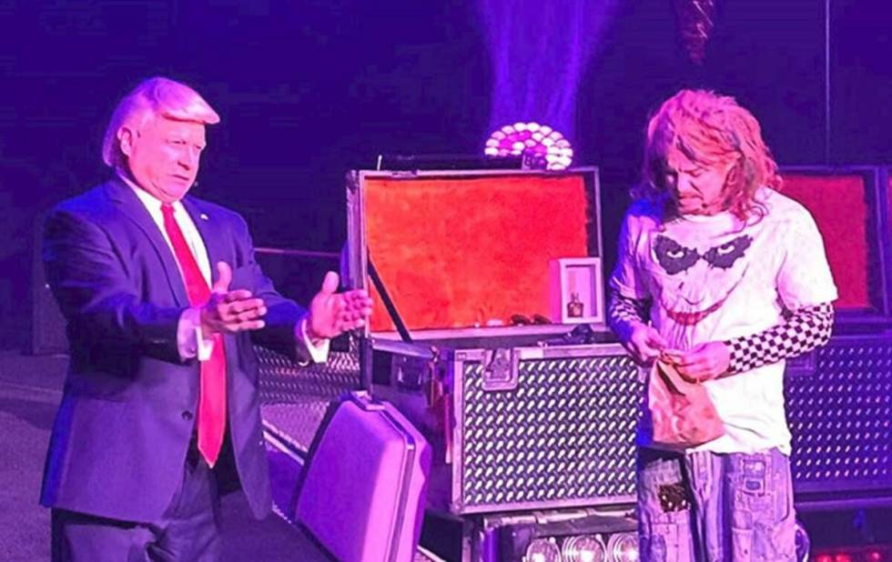 John Di Domenico as Donald Trump pops into Carrot Top's show on Election Night at Luxor on the ...