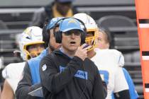 Los Angeles Chargers head coach Jim Harbaugh on from the sideline during the first half of an N ...