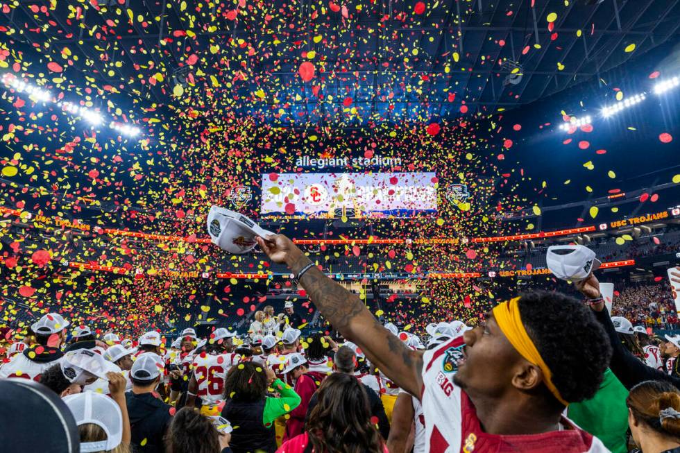 The USC Trojans celebrate their win over the Texas A&M Aggies following their Las Vegas Bow ...