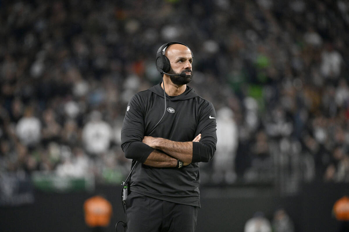 New York Jets head coach Robert Saleh watches from the sidelines during the second half of an N ...