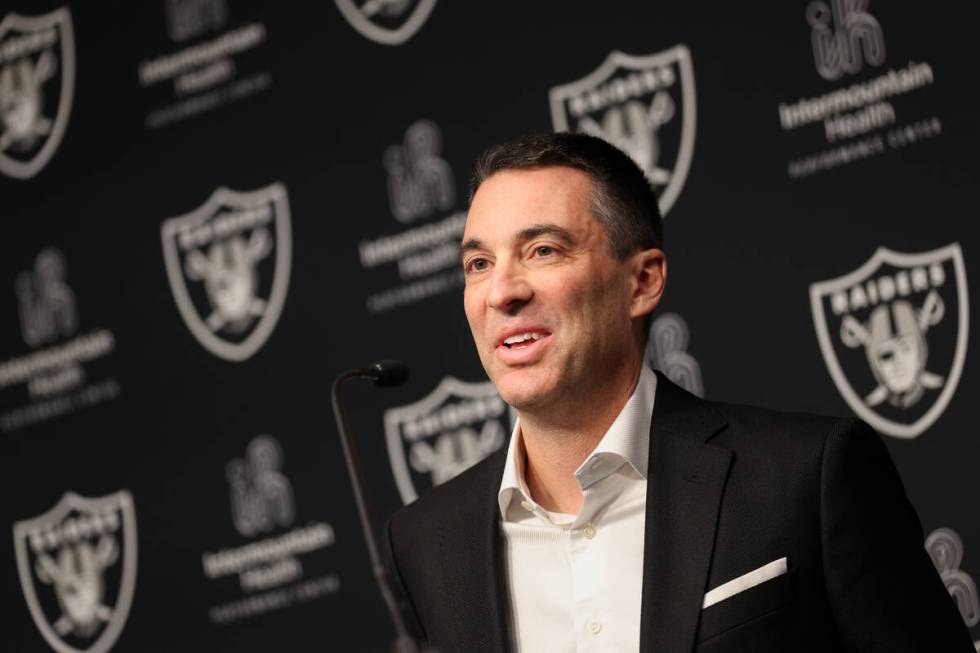 Las Vegas Raiders general manager Tom Telesco speaks during a news conference after the Raiders ...