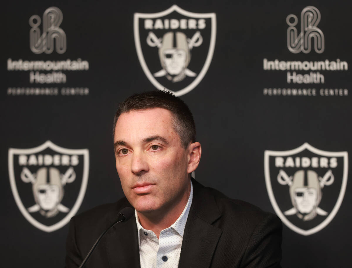 Raiders General Manager Tom Telesco speaks about the upcoming NFL draft during a press conferen ...