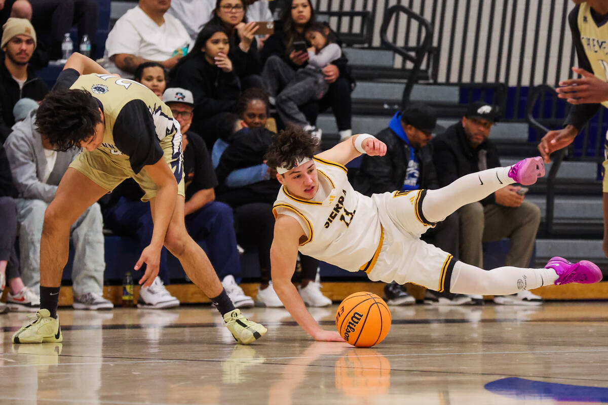 Sierra Vista shooting guard Mark Beeten (13) falls during a chase for the ball with Cheyenne po ...