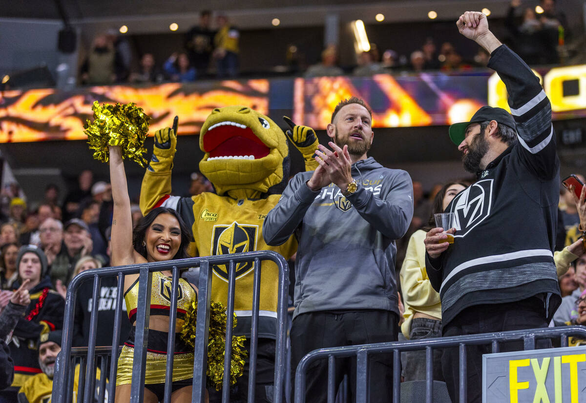 Golden Knights fans celebrate a goal against New York Islanders taken away due to an offsides p ...