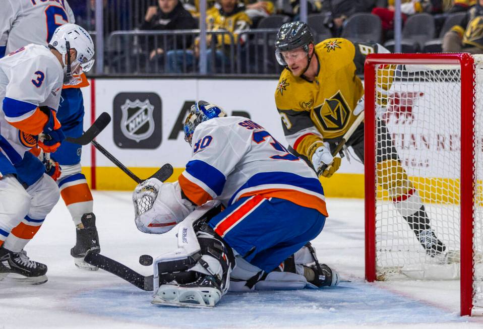 New York Islanders goaltender Ilya Sorokin (30) rejects another shot on goal by Golden Knights ...