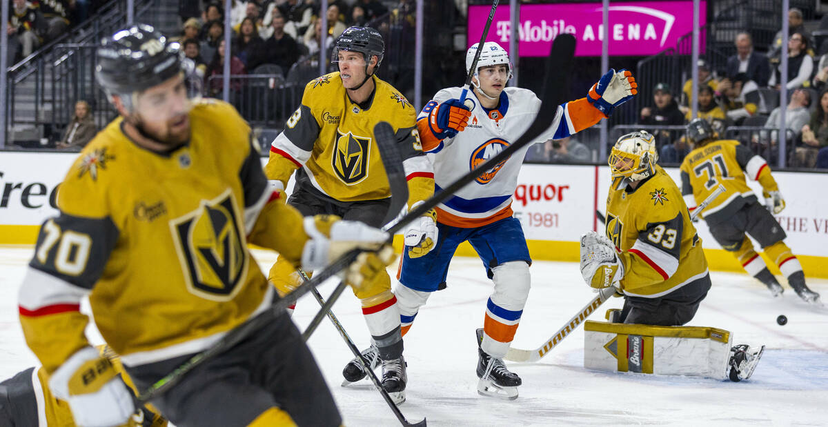 New York Islanders defenseman Mike Reilly (28) celebrates another team goal against Golden Knig ...