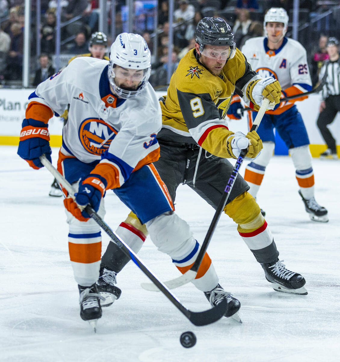 New York Islanders defenseman Adam Pelech (3) is pursued by Golden Knights center Jack Eichel ( ...