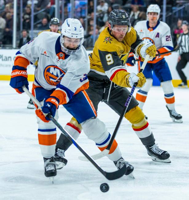 New York Islanders defenseman Adam Pelech (3) is pursued by Golden Knights center Jack Eichel ( ...