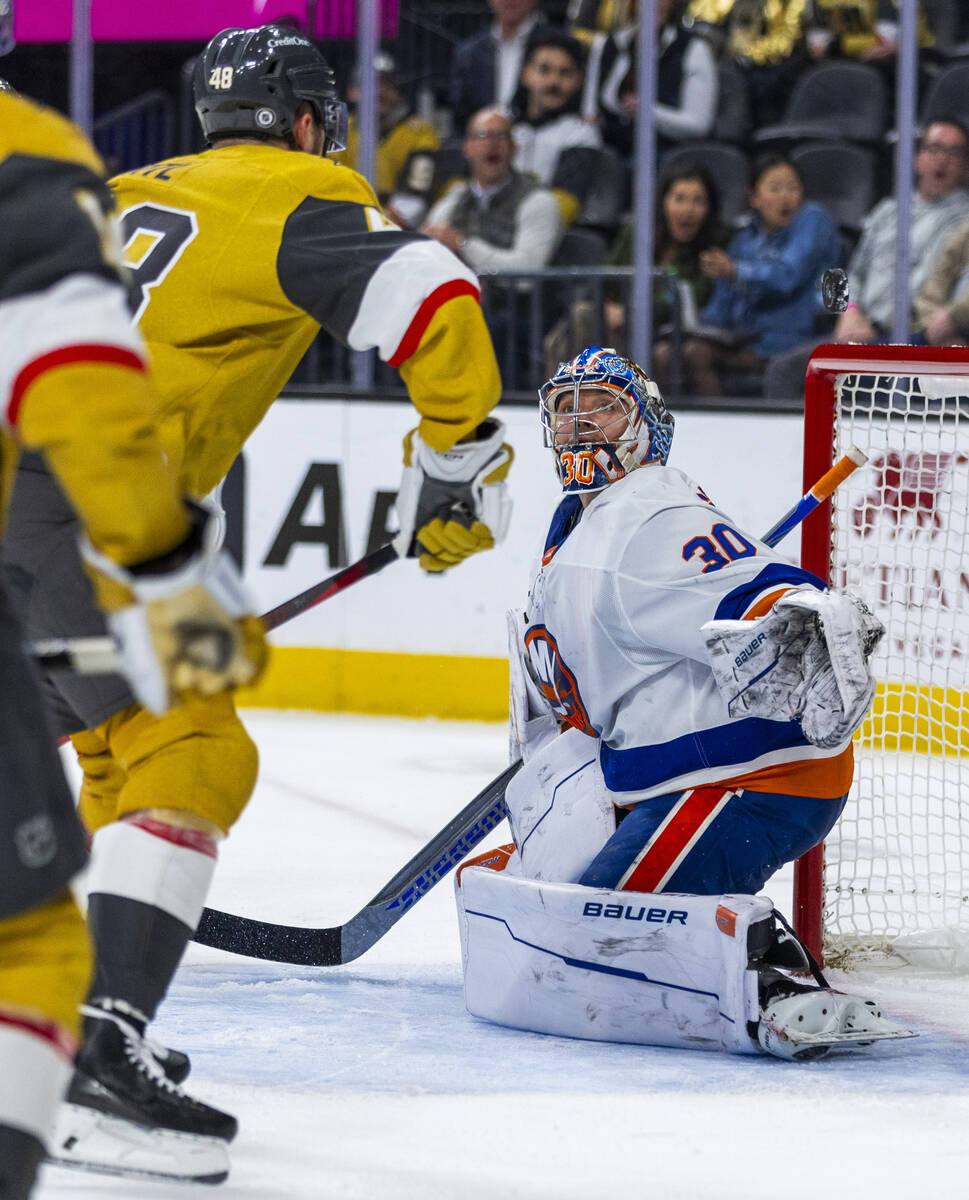 Golden Knights center Tomas Hertl (48) just misses a shot as New York Islanders goaltender Ilya ...