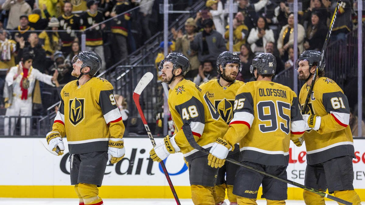 Golden Knights center Jack Eichel (9) and teammates watch a replay against the New York Islande ...