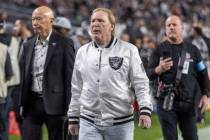 Raiders owner Mark Davis leaves the field before the start of an NFL game against the Atlanta F ...