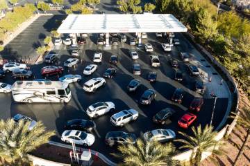 People line up at a Costco gas station in Summerlin, on Friday. Jan. 10, 2025. (Bizuayehu Tesfa ...