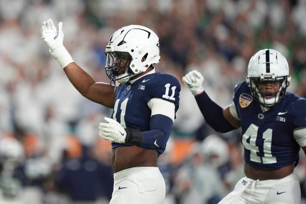 Penn State defensive end Abdul Carter (11) gestures after a play during first half of the Orang ...