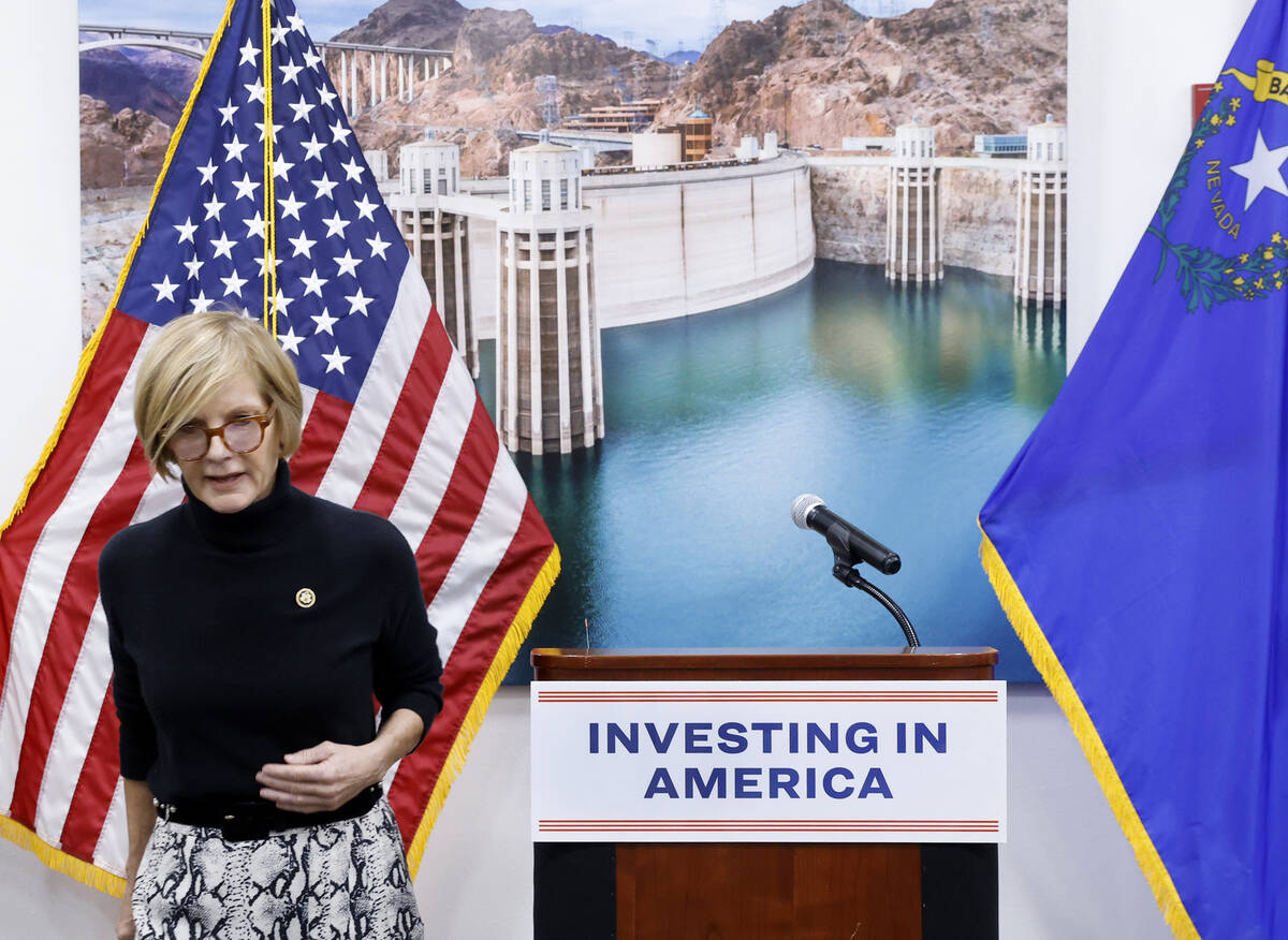 U.S. Rep. Susie Lee leaves the lectern after announcing $60 million in federal funding via the ...