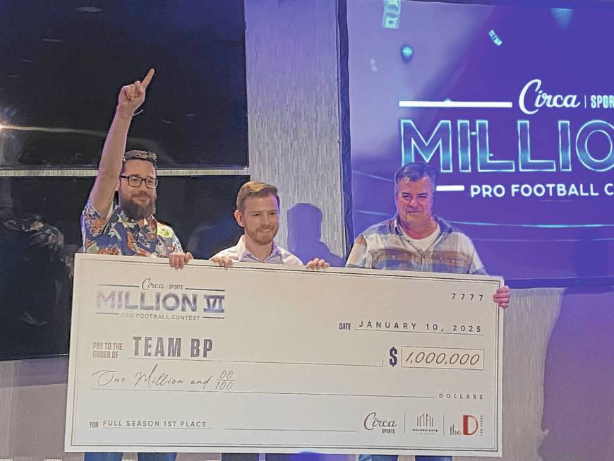 Team BP -- from left, Daniel Skubal, Nick Mariano and Tom Santoli -- accepts the $1 million pri ...