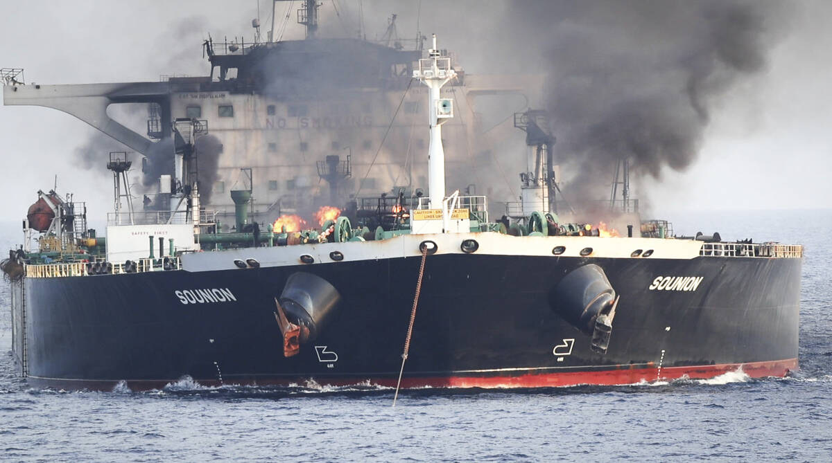 This undated photo released by the private security firm Ambrey shows the oil tanker Sounion bu ...