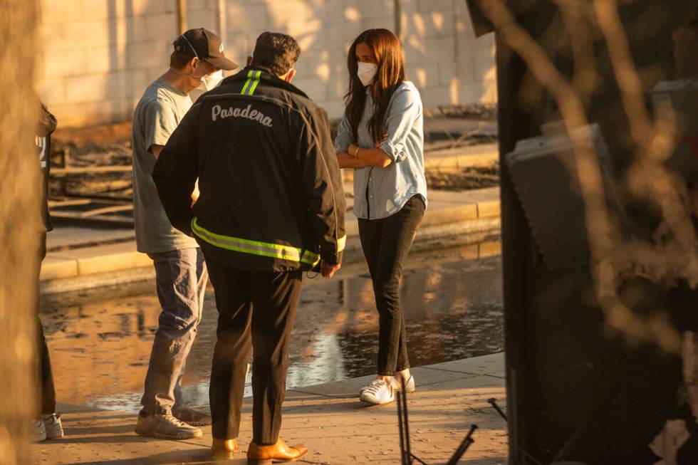 Meghan Markle, Duchess of Sussex, right, speaks with Pasadena Mayor Victor Gordo, center, and D ...