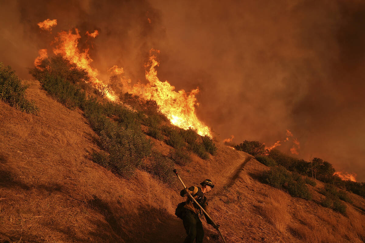 A firefighter battles the Palisades Fire in Mandeville Canyon on Saturday, Jan. 11, 2025, in Lo ...