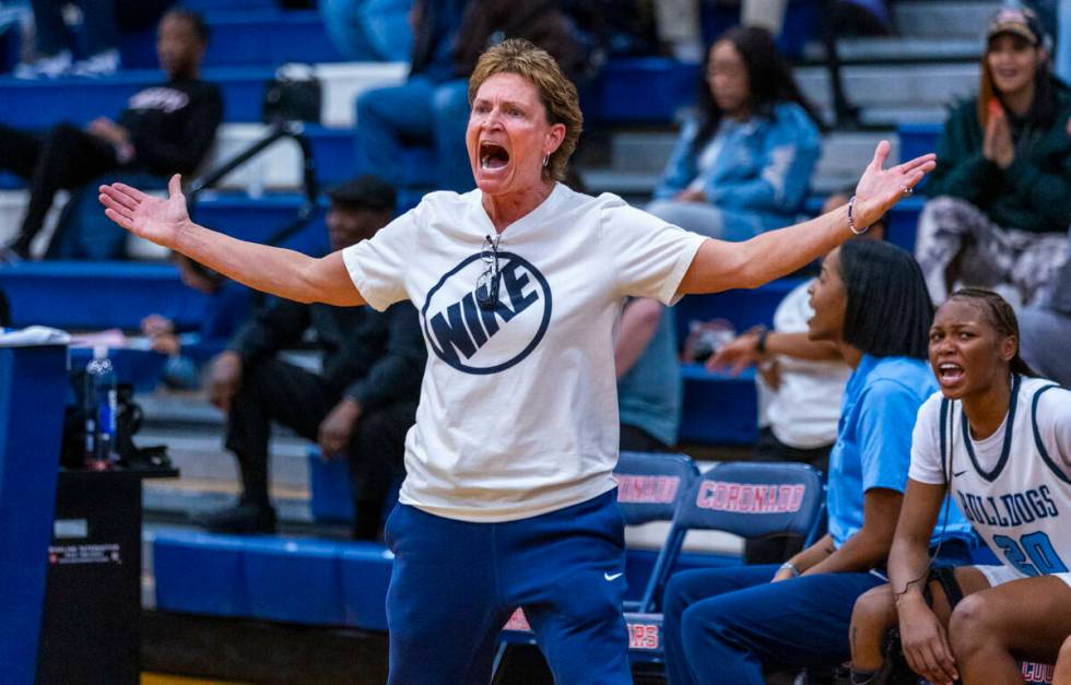 Centennial head coach Karen Weitz reacts to the lack of a foul call on her player against Bisho ...