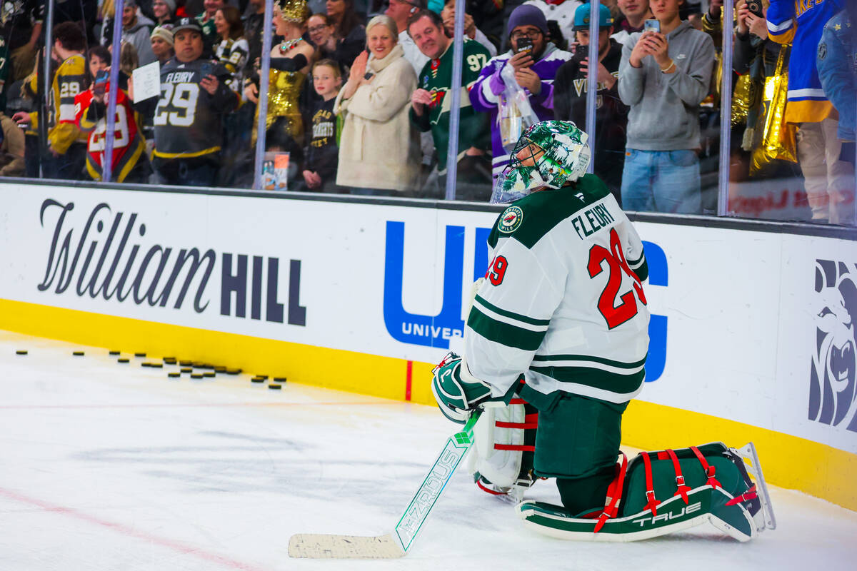 Minnesota Wild goaltender Marc-Andre Fleury (29) takes to the ice during warm ups before an NHL ...