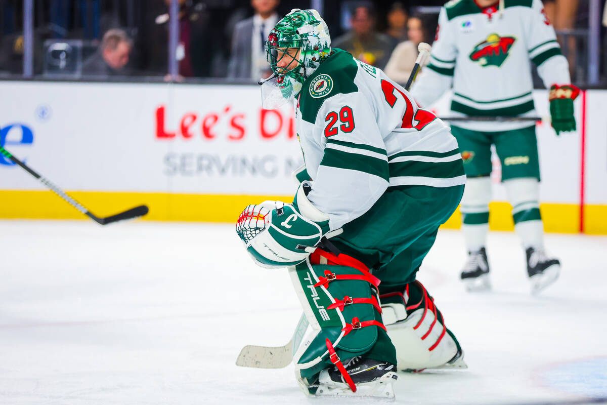 Minnesota Wild goaltender Marc-Andre Fleury (29) practices with his team during on-ice warm ups ...