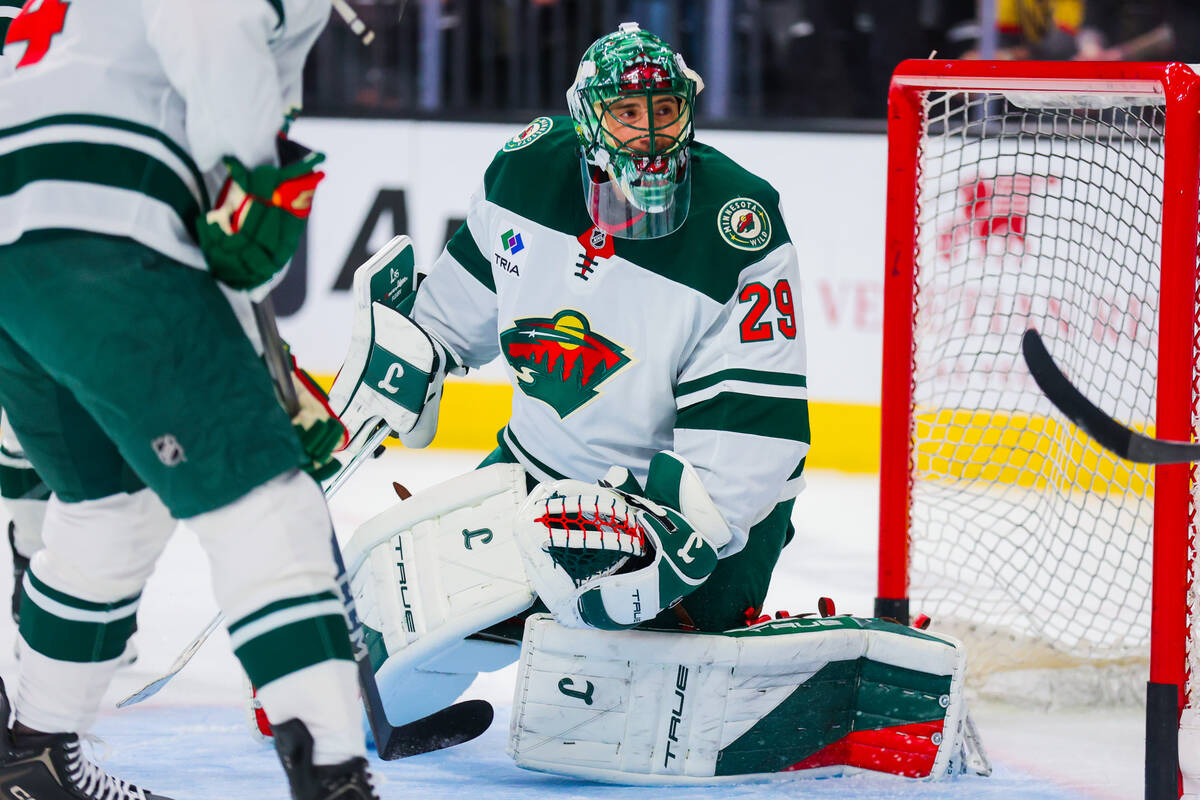 Minnesota Wild goaltender Marc-Andre Fleury (29) practices with his team during on-ice warm ups ...