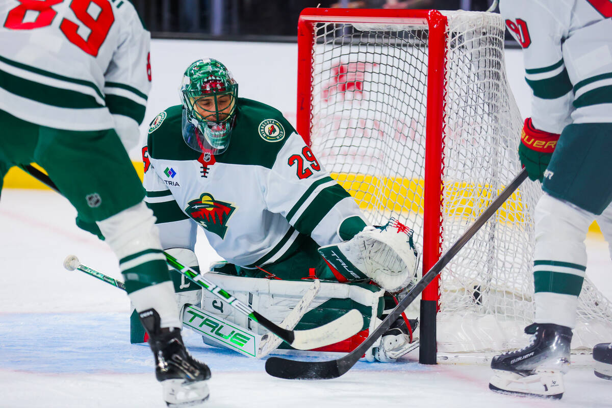 Minnesota Wild goaltender Marc-Andre Fleury (29) practices with his team during on-ice warm ups ...