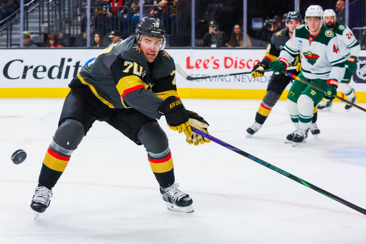 Golden Knights left wing Tanner Pearson (70) eyes the puck as it escapes him during an NHL hock ...