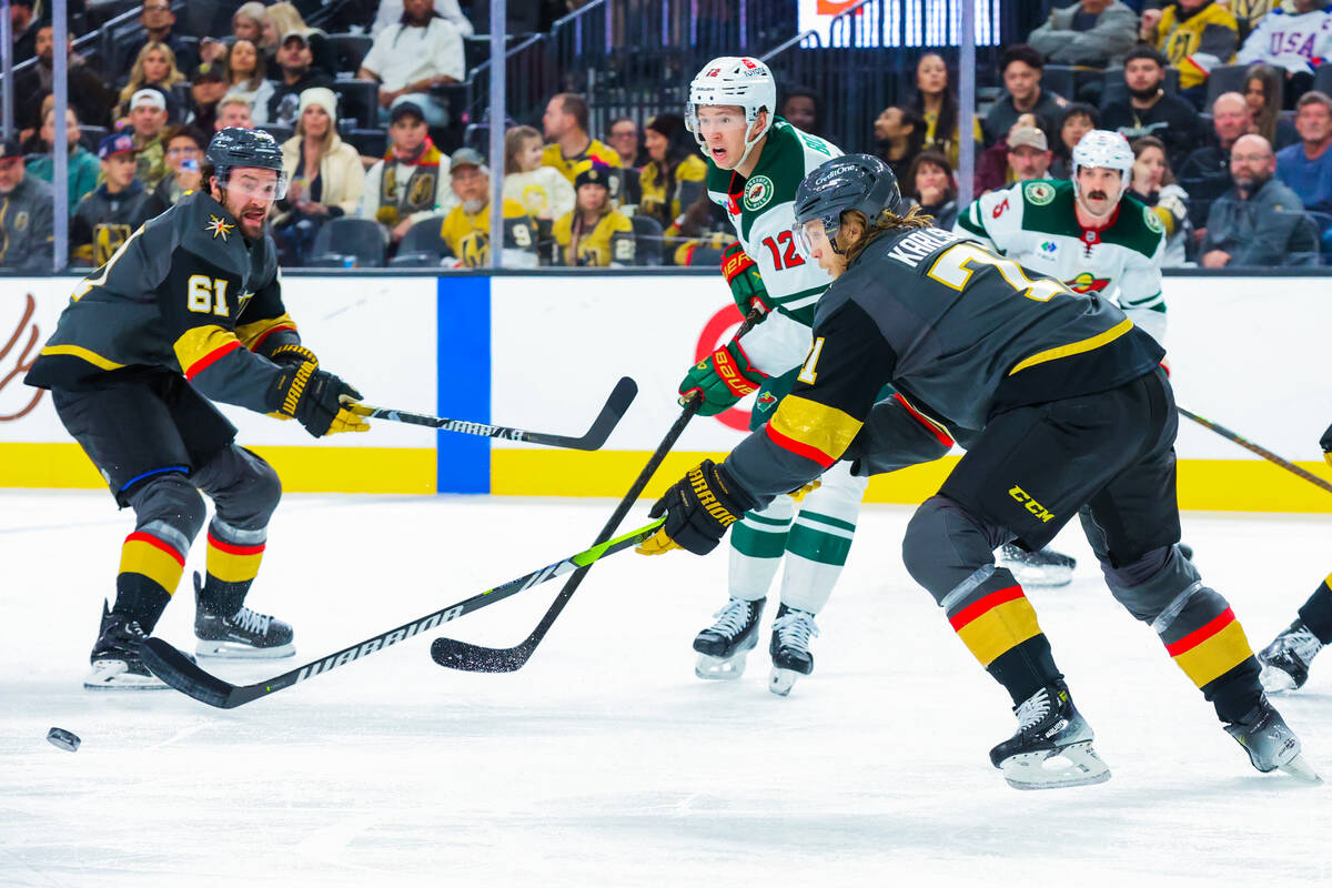 Golden Knights center William Karlsson (71) rushes towards the puck as Minnesota Wild left wing ...