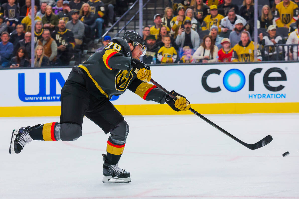 Golden Knights left wing Tanner Pearson (70) attempts a shot during an NHL hockey game between ...