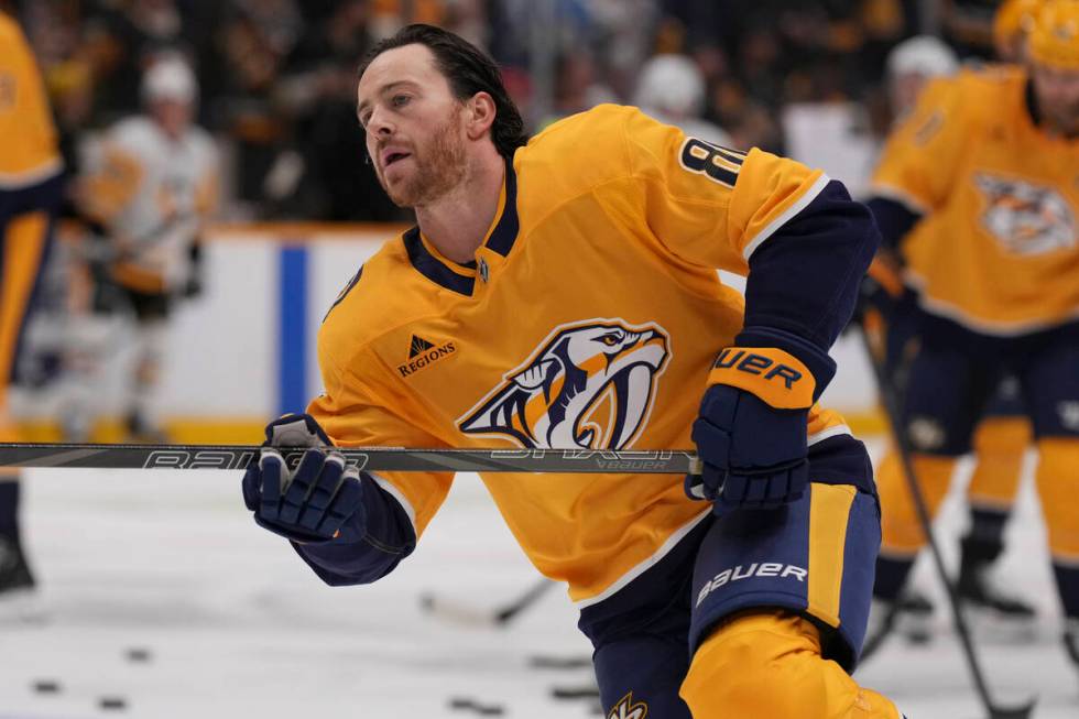 Nashville Predators center Jonathan Marchessault (81) warms up for the team's NHL hockey game a ...