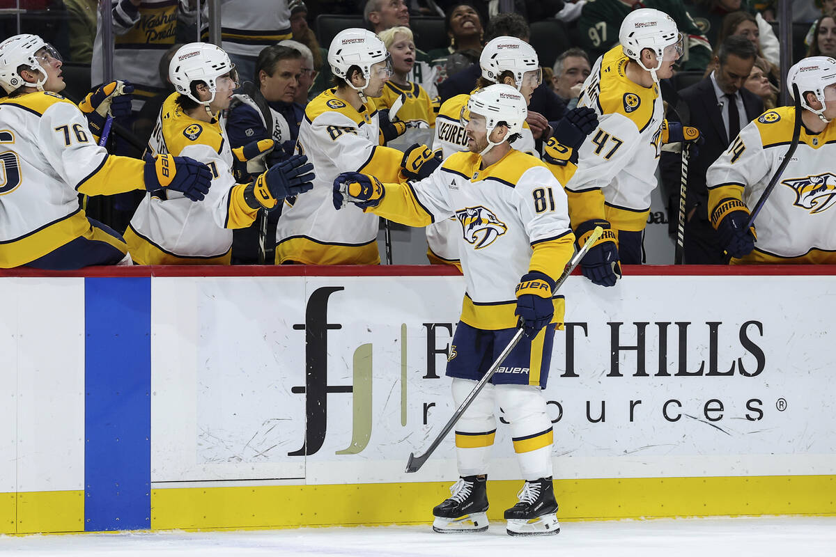 Nashville Predators center Jonathan Marchessault (81) is congratulated for his goal against the ...