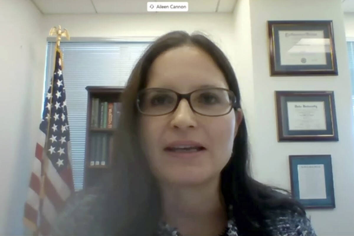 Aileen M. Cannon speaks remotely during a Senate Judiciary Committee oversight nomination heari ...