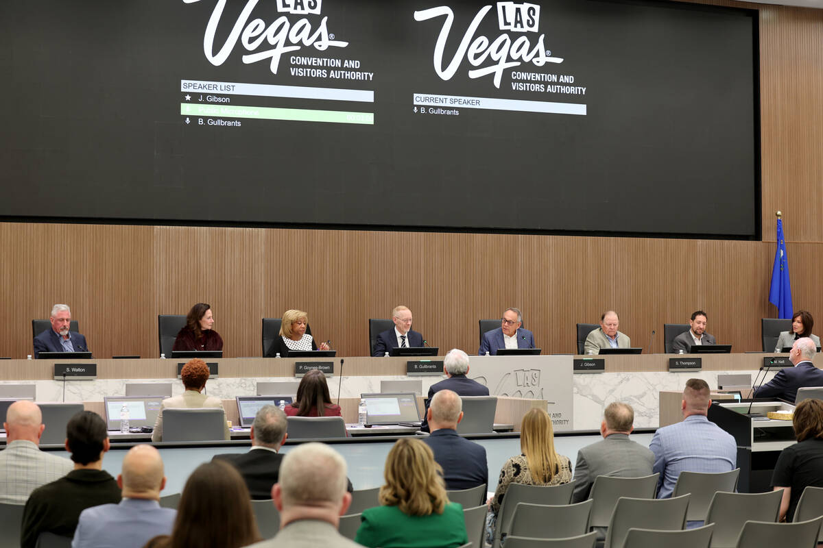 Members of the Las Vegas Convention and Visitors Authority board of directors listen to a speak ...