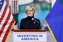 U.S. Congresswomen Susie Lee speaks during a press conference to announce $60 million in federa ...