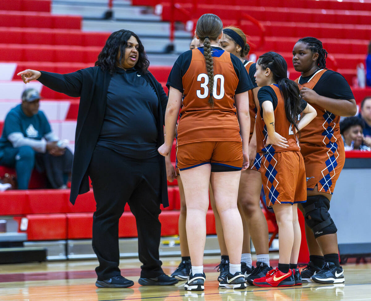 Legacy head coach Tiffany Richardson instructs her players during a timeout against Valley duri ...