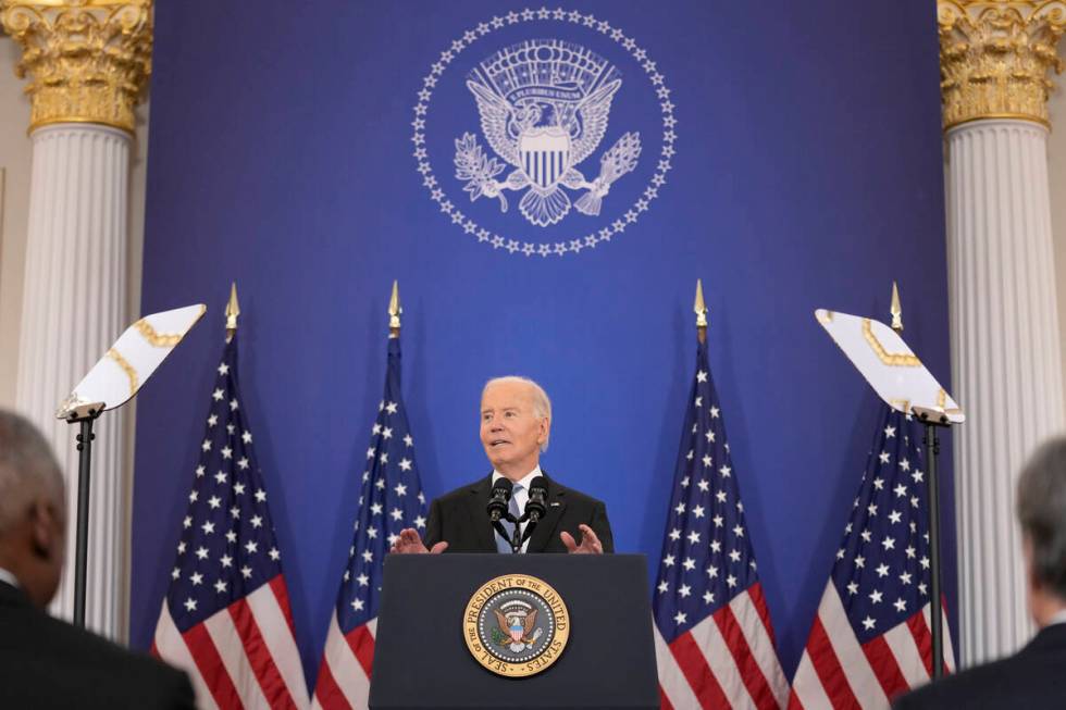 President Joe Biden speaks about foreign policy during a speech at the State Department in Wash ...