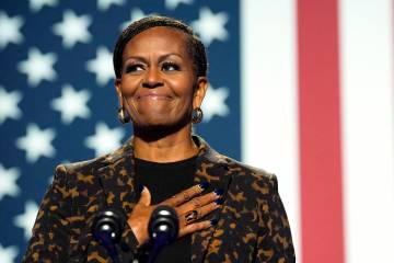 FILE - Former first lady Michelle Obama speaks at a campaign rally for democratic presidential ...