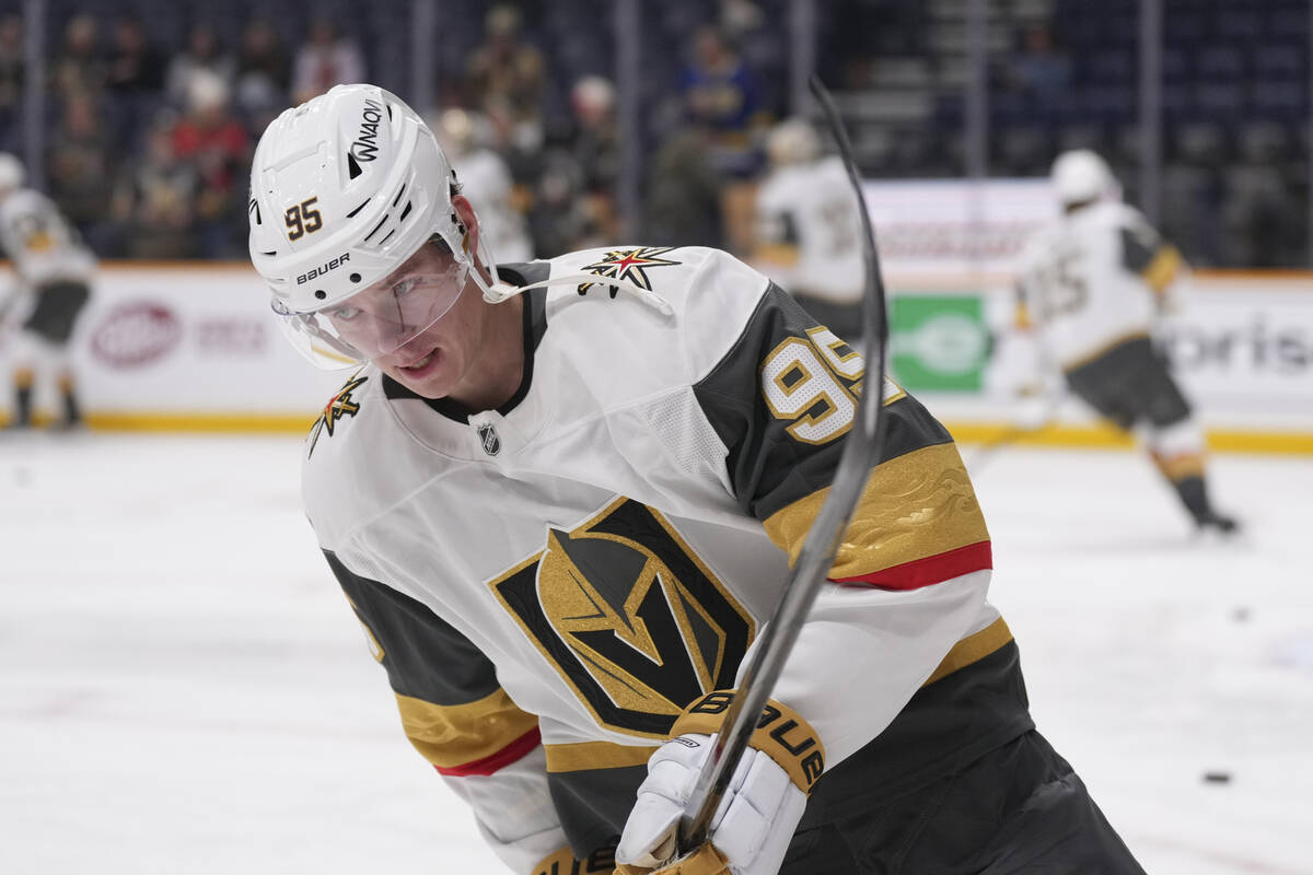 Vegas Golden Knights right wing Victor Olofsson (95) warms up for the team's NHL hockey game ag ...