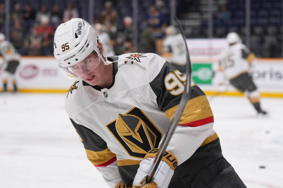 Vegas Golden Knights right wing Victor Olofsson (95) warms up for the team's NHL hockey game ag ...