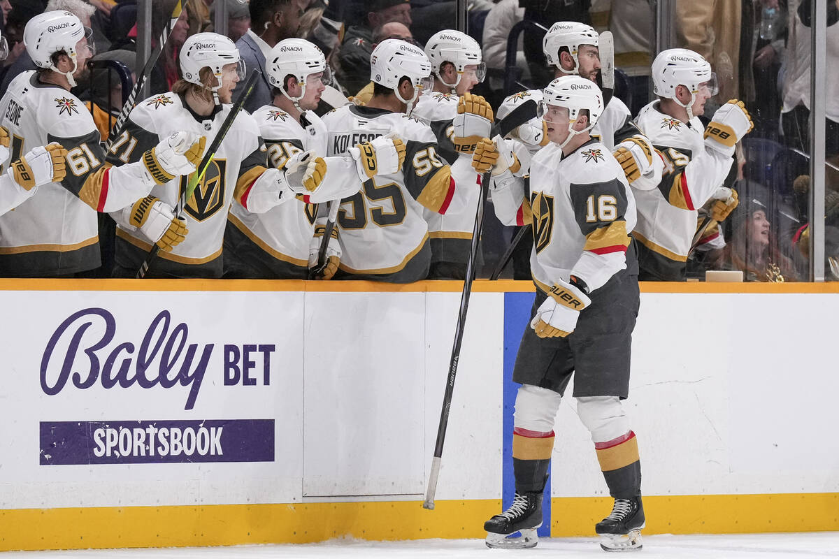 Vegas Golden Knights left wing Pavel Dorofeyev (16) celebrates his goal with teammates during t ...