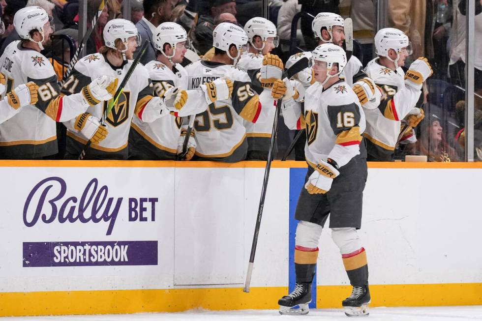 Vegas Golden Knights left wing Pavel Dorofeyev (16) celebrates his goal with teammates during t ...