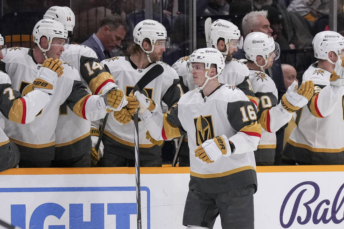 Vegas Golden Knights left wing Pavel Dorofeyev (16) celebrates his goal with teammates during t ...