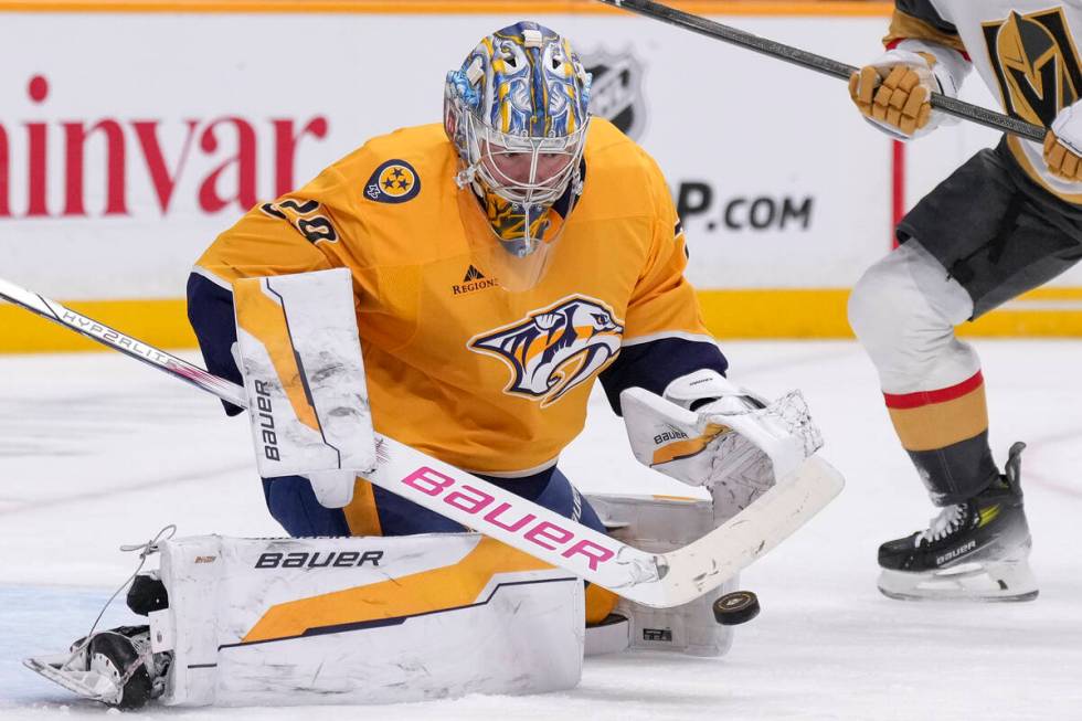 Nashville Predators goaltender Justus Annunen (29) blocks a shot on goal during the third perio ...