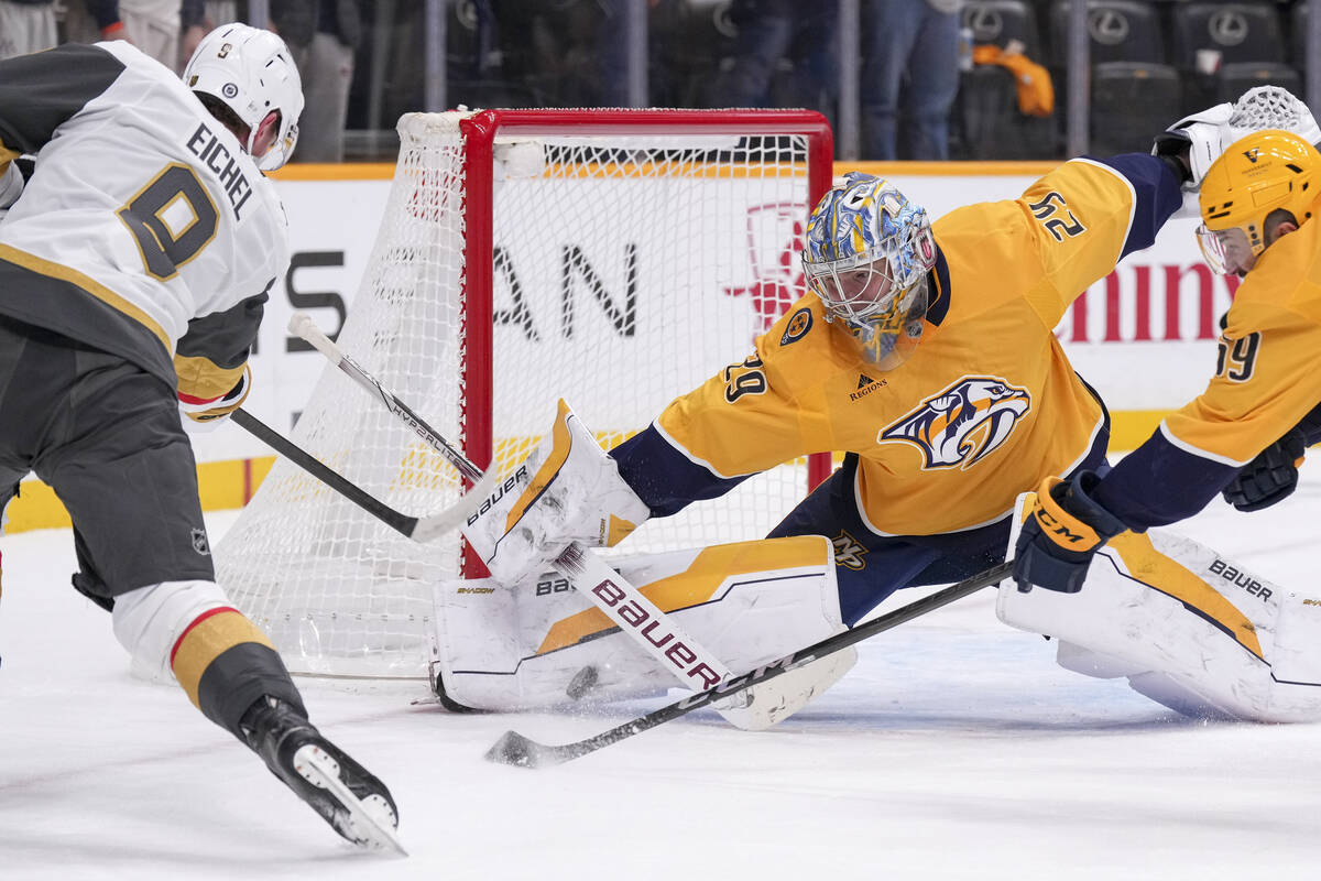 Nashville Predators goaltender Justus Annunen (29) blocks a shot on goal by Vegas Golden Knight ...