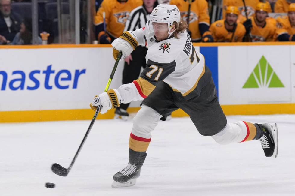 Vegas Golden Knights center William Karlsson (71) shoots the puck during the first period of an ...