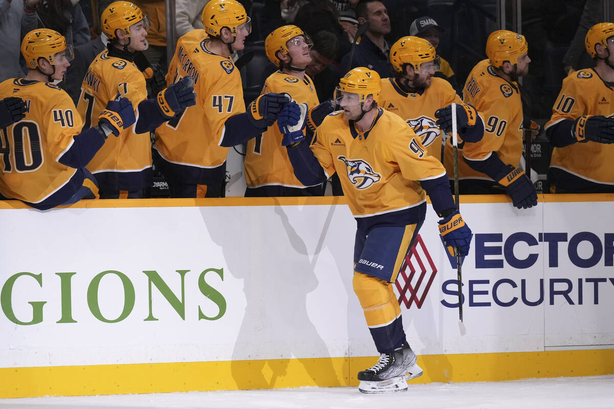 Nashville Predators center Steven Stamkos (91) celebrates his goal with teammates during the fi ...