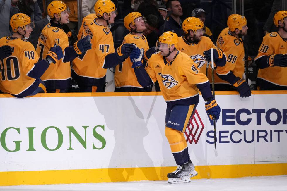 Nashville Predators center Steven Stamkos (91) celebrates his goal with teammates during the fi ...