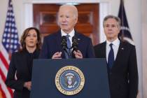 President Joe Biden, center, with Vice President Kamala Harris, left, and Sec. of State Anthony ...